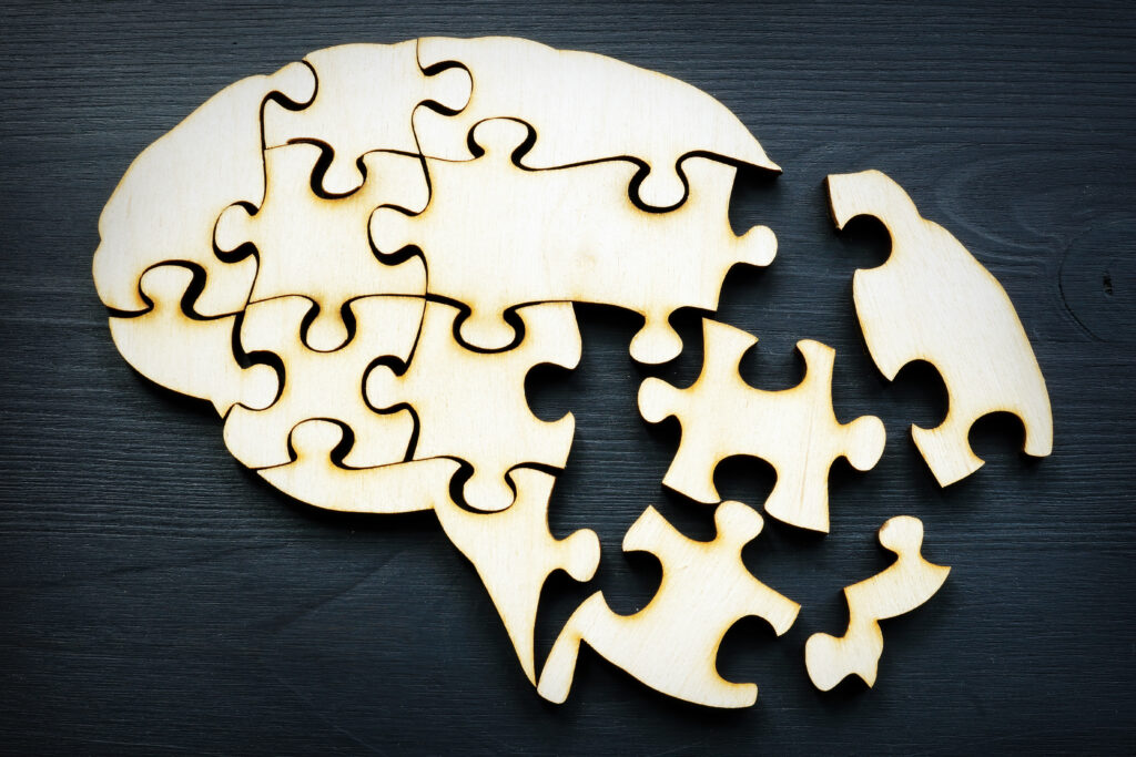 A brain shape from puzzles as a symbol of mental health and memory problems and Alzheimer's disease.