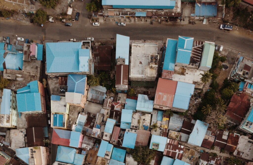 Aerial view of housing and road in India