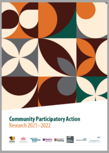 Cover of the Community Participatory Action Research 2021–2022 report featuring the logos of participating organisations and a decorative pattern.
