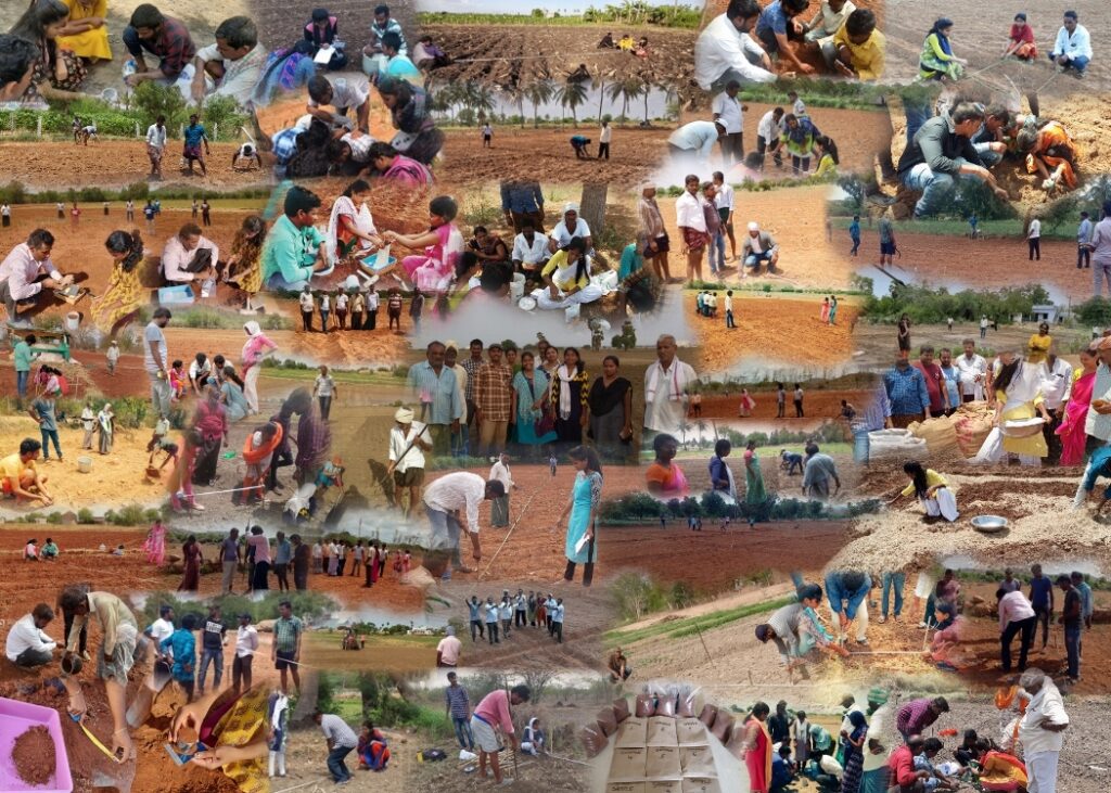 Collage of agricultural college graduates in India taking measurements in their farm experiments