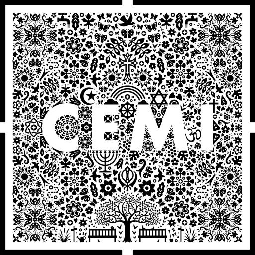 The letters CEMI in white against a multiplicity of religious symbols in black above a tree and two benches.