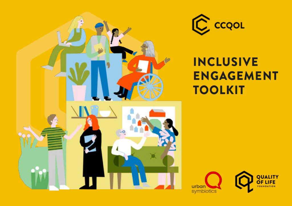 The front cover of the Inclusive Engagement Toolkit – illustration of different people talking against a bright yellow background.