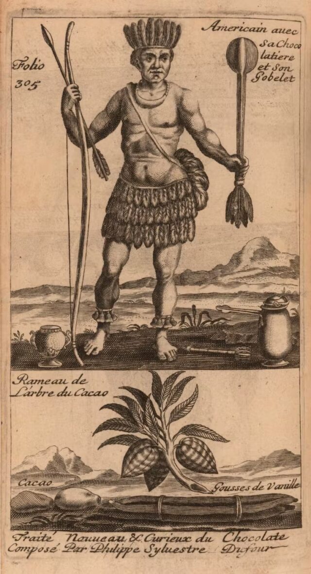 Indigenous Mesoamerican man with implements to prepare and serve chocolate. 