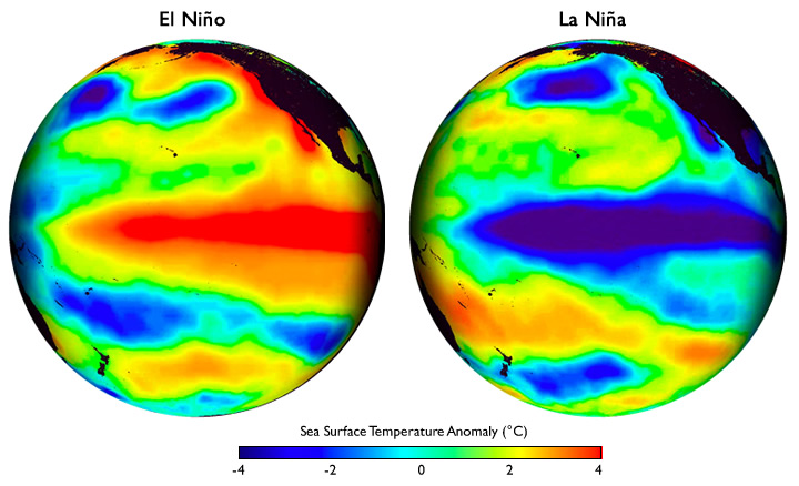 These global maps centred on the Pacific Ocean show patterns of sea surface temperature during El Niño and La Niña episodes. The colours along the equator show areas that are warmer or cooler than the long-term average.