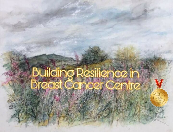 A watercolour painting of a landscape with a cloudy sky. The words 'Building Resilience in Breast Cancer Centre' appear in gold text alongside a medal which says 'awarded top 10 UK breast cancer blog'.