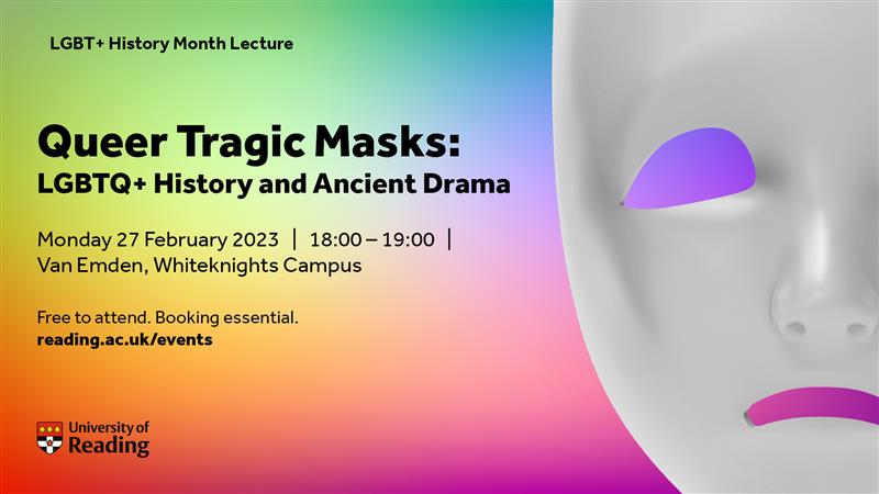 A poster showing a rainbow background with a tragedy mask in front.