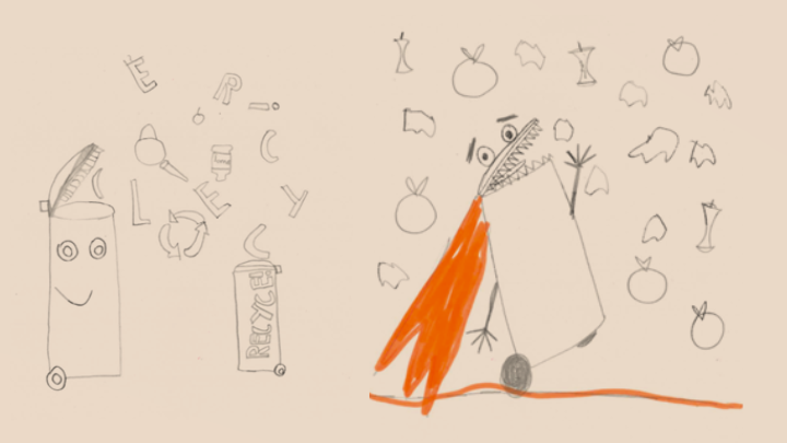 Two children's drawings, in pencil and orange felt tip, of 'superhero recycling bins. The bins have faces and lids open, waiting to receive a variety of waste and recycling.