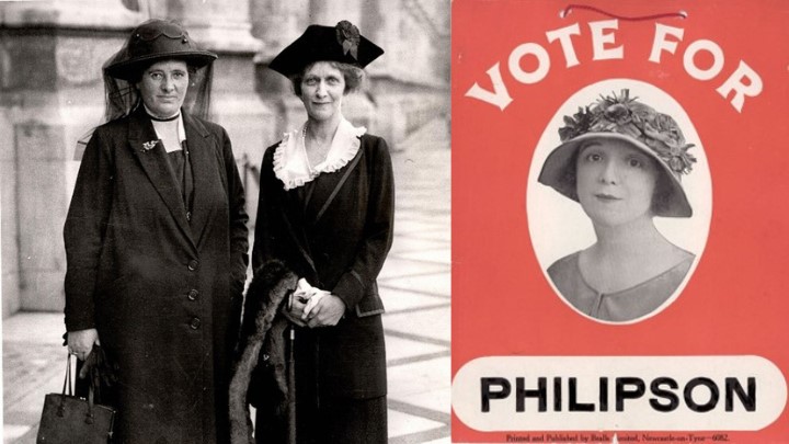 A black and white photo of Margaret Wintringham and Nancy Astor, and an election campaign poster reading Vote for Philipson. There is a picture of Philipson wearing a flowery hat in an oval and the background colour is salmon pink.