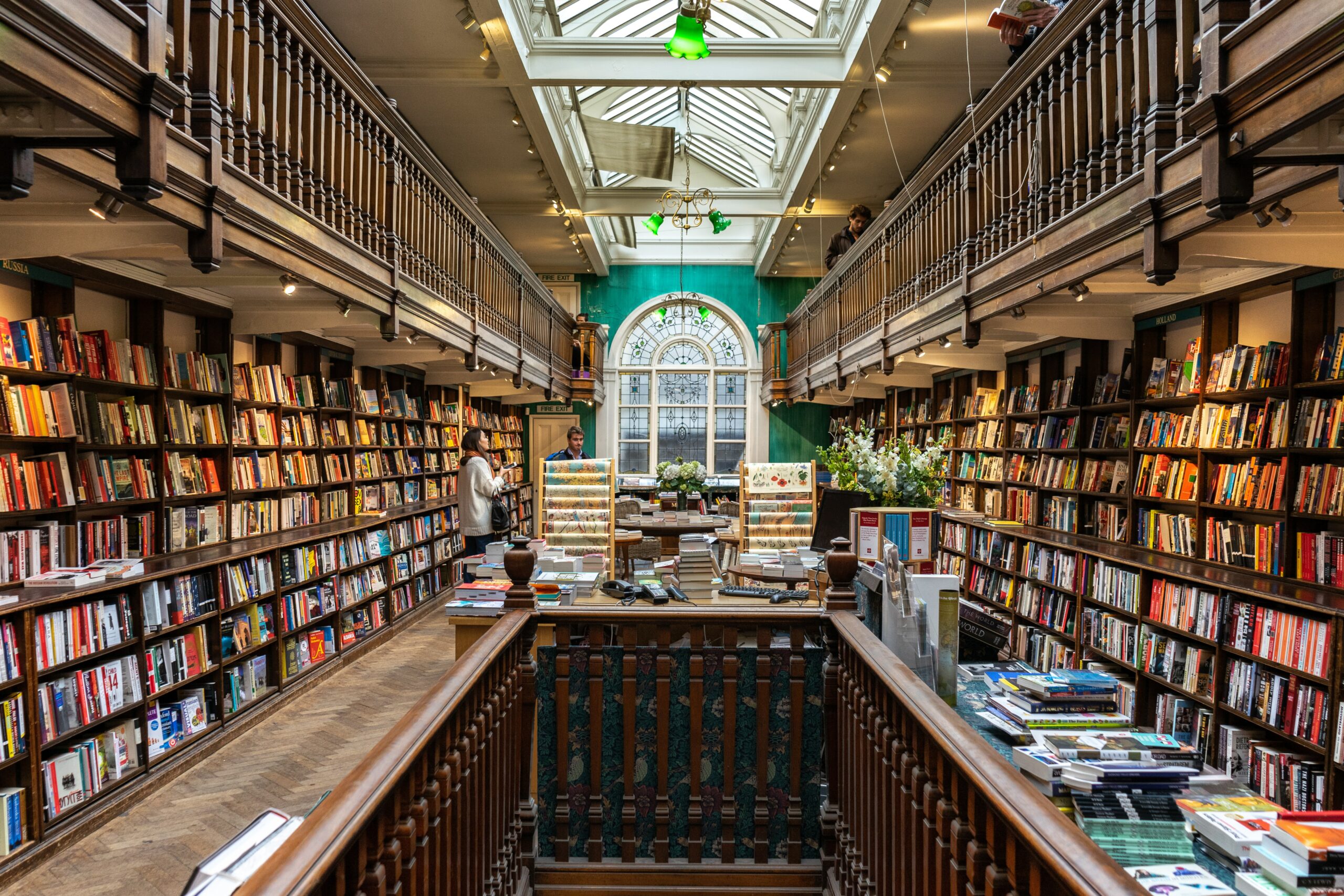 Shelves of books at Daunt Books, London.