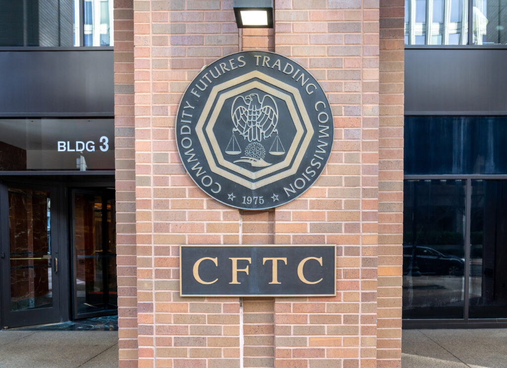 The US Commodity Futures Trading Commission logo outside its headquarters in Washington DC.
