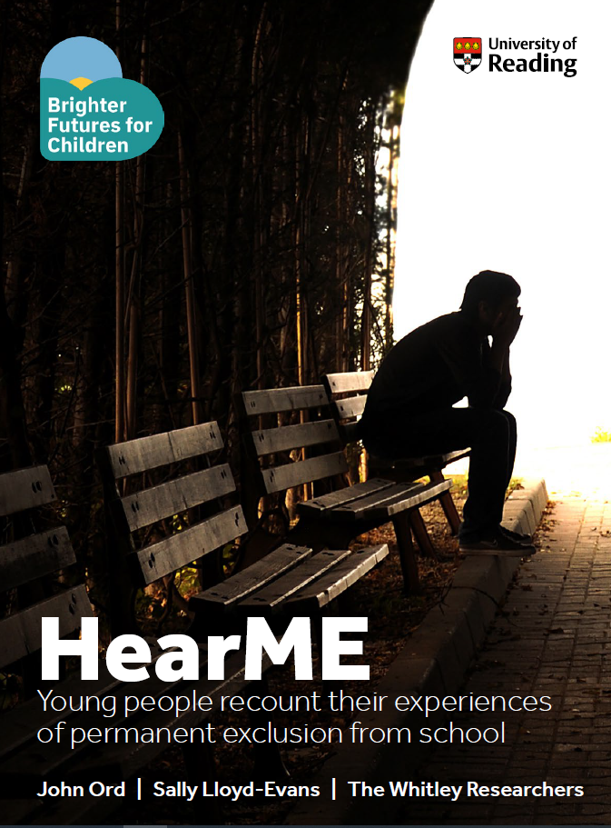 Front cover of the report Hear me: young people recount their experiences of permanent exclusion from school by John Ord, Sally Lloyd-Evans and the Whitley Researchers. Silhouetted figure sitting on bench with face in hands. Represents school exclusion.