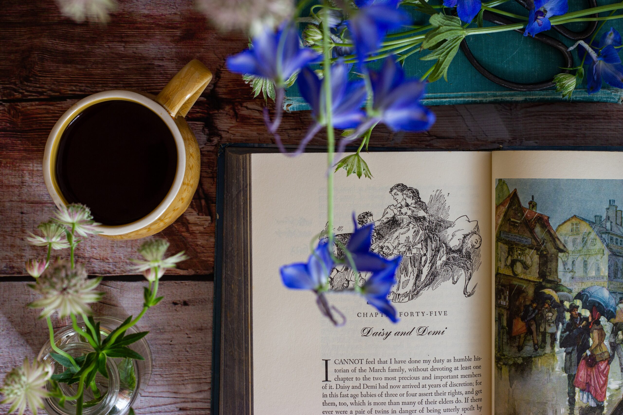 A book open on a page from Little Women by Louisa May Alcott (chapter 45, Daisy and Demi). Flowers and a mug of coffee are also visible.