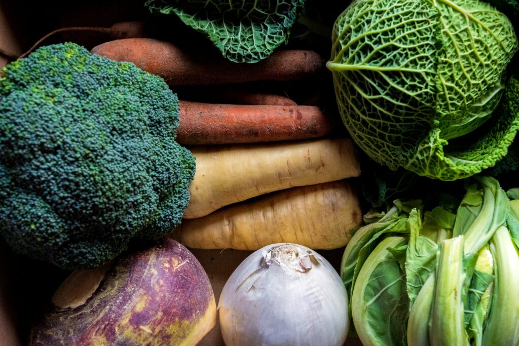 Vegetables: broccoli carrots, turnips, cabbage, cauliflower, swede and onion