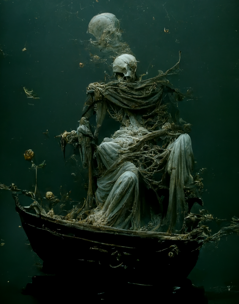AI-generated artwork of a ghostly skeleton draped in garments and twigs, sitting on a boat. The colour palette is greenish-grey.