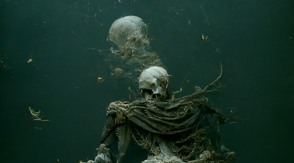 AI-generated artwork of a ghostly skeleton draped in garments and twigs, sitting on a boat. The colour palette is greenish-grey.