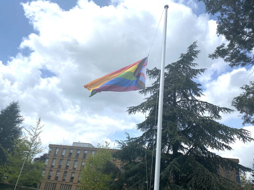 Progress pride flag flown on the university campus