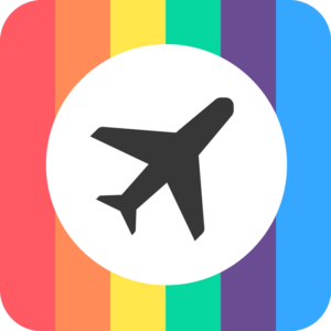 A black airplane icon in a white circle against on a rainbow flag