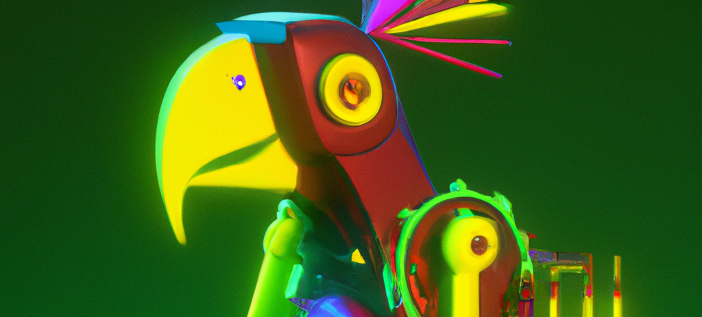 Image of a neon robot parrot on a green back ground generated by DALLE AI system.