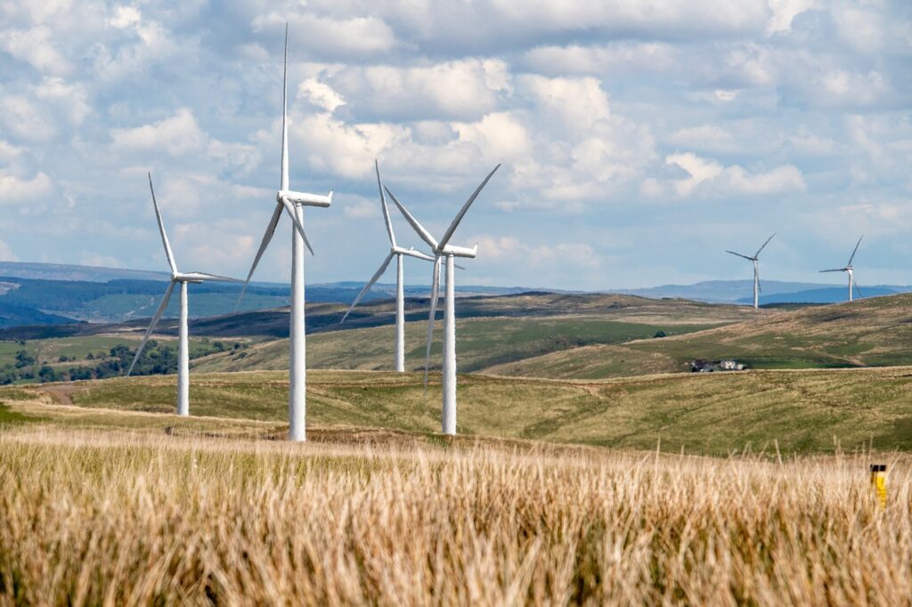 Wind turbines in fields