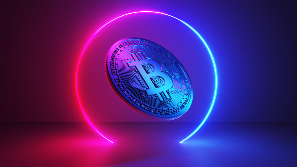 3d rendered illustration of a neon style bitcoin