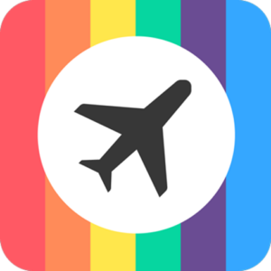 A logo of a black passenger jet icon set in a white circle against vertical rainbow stripes like the LGBTQ+ pride flag.