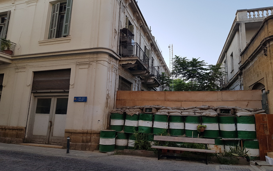 A makeshift barricade between Turkish and Greek Cypriot neighbourhoods in Nicosia