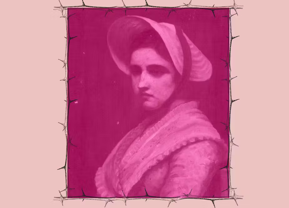 An antique photo of a younger woman, surrounded with illustrated thorns and overlain with a magenta filter