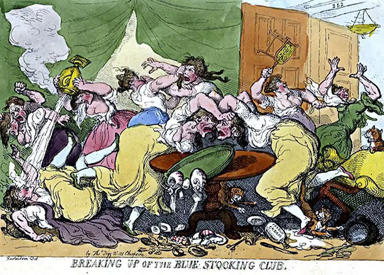 An antique cartoon depicting women fighting in a club.