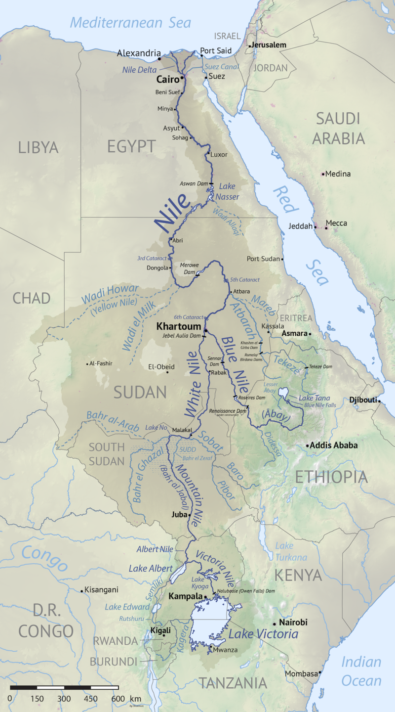 A map of the Nile river's drainage basin in northeastern Africa