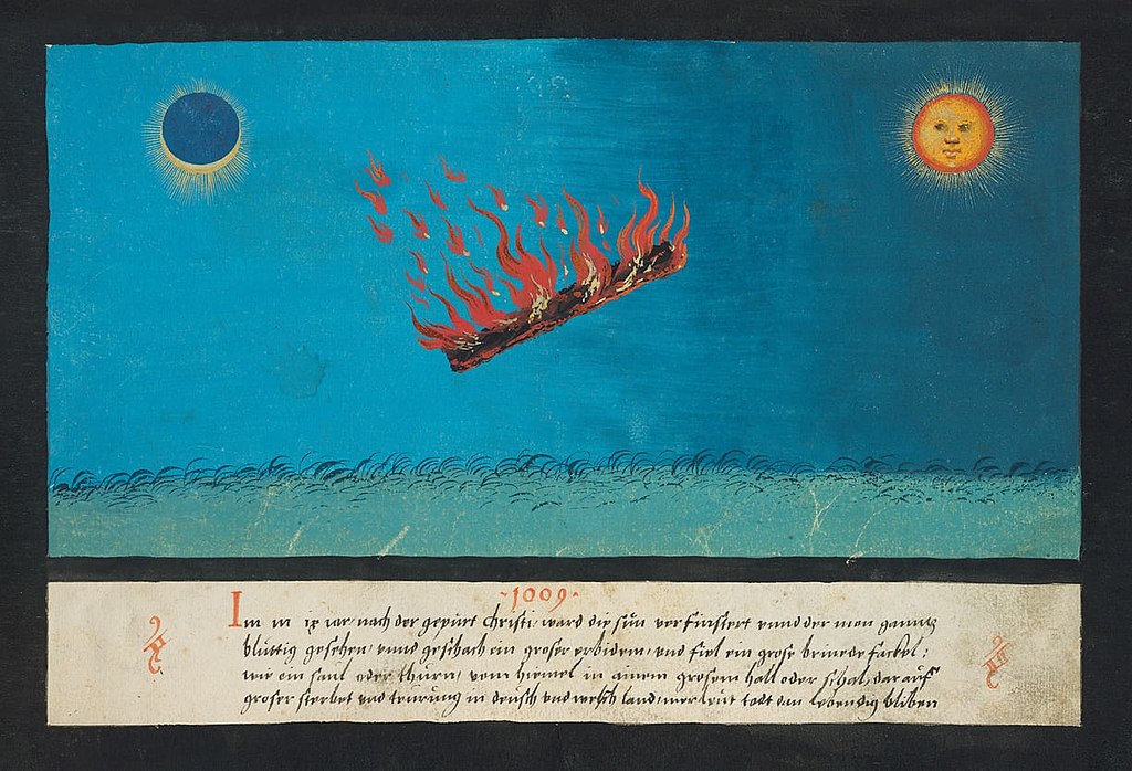 A page from an illuminated manuscript, depicting a flaming column falling to earth between a gleaming sun and a crescent moon