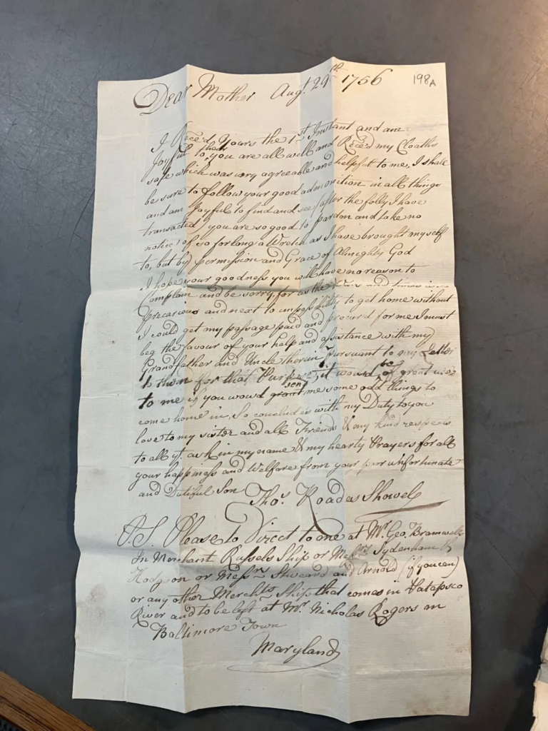 A letter written in Maryland by convict, Thomas Rhoades Showle, home to his mother in England begging for help to return from America, dated August 29th, 1756, photographed by Alexandra Cox.