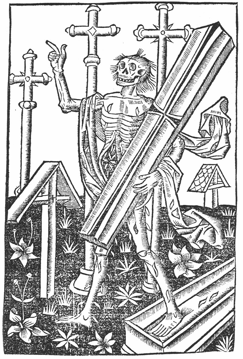 A woodcut print of a corpse emerging from its coffin against a background of crosses.