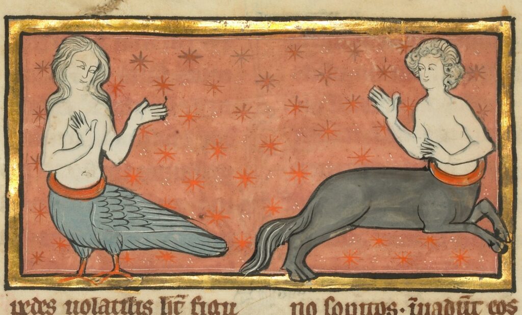 Illustration from an illuminated manuscript of a siren and a centaur