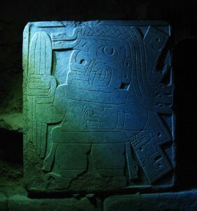 Granite monolith carved by the Chavín culture in the Andes c.750BC depicts a figure holding a San Pedro cactus.