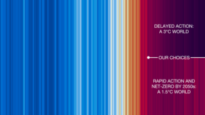 From left to right, vertical stripes change from dark blue to red, indicating an increase in global average temperatures. Text on the top right hand states 'Delayed Action: A 3deg C world' against very dark red/purple stripes. The middle reads 'our choices' and the bottom right states 'Rapid action and net-zero by 2050s: A 1.5deg C world' against lighter red stripes