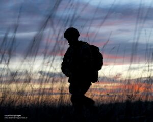 Pictured is a member of C Company, 3rd Battalion The Parachute Regiment patroling across the Caylus training area during Exercise Falcon Amarante.