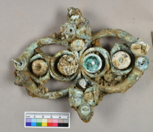 A decorative strap junction found as part of the Melsonby hoard.