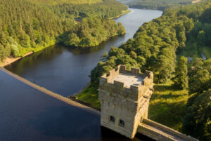 Aerial view of Derwent Reservoir, Peak District UK. Derwent Dam, Howden Dam, Ladybower Reservoir.