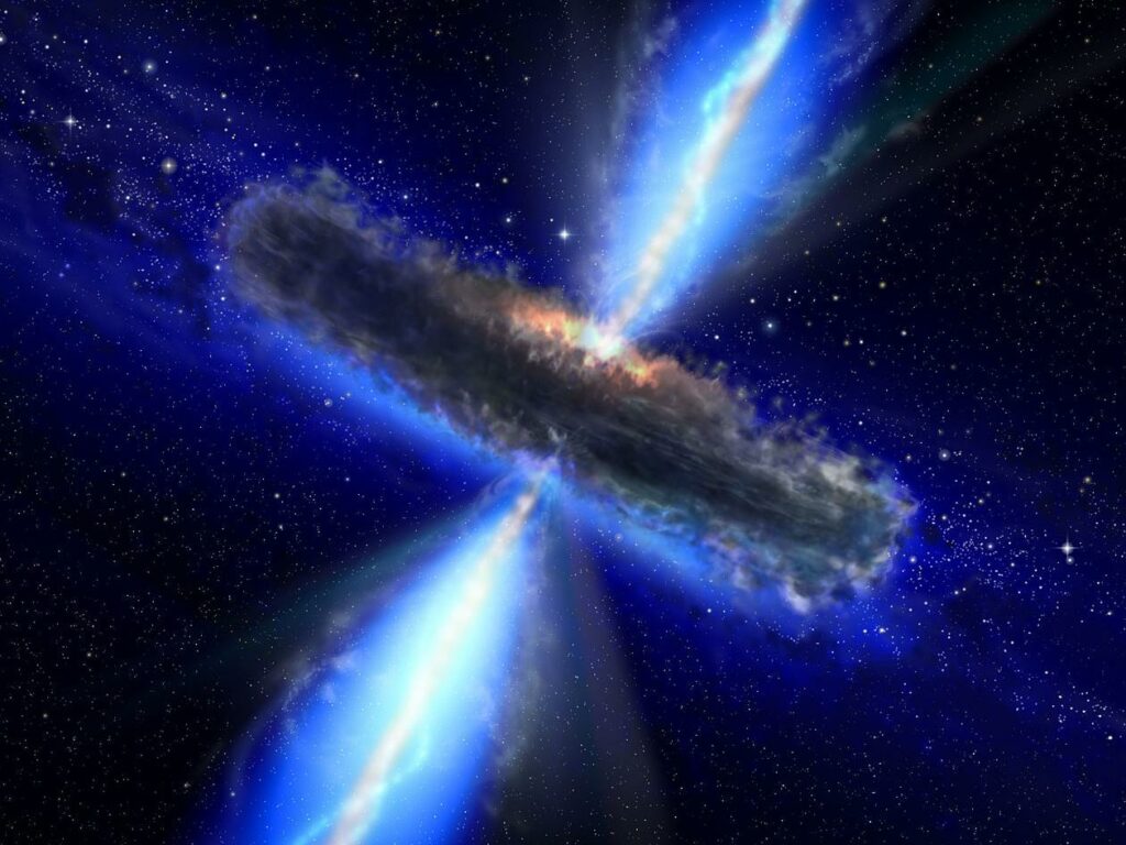 Artist's concept illustrates a quasar, or feeding black hole, similar to APM 08279+5255, where astronomers discovered huge amounts of water vapor. Gas and dust likely form a torus around the central black hole, with clouds of charged gas above and below.
