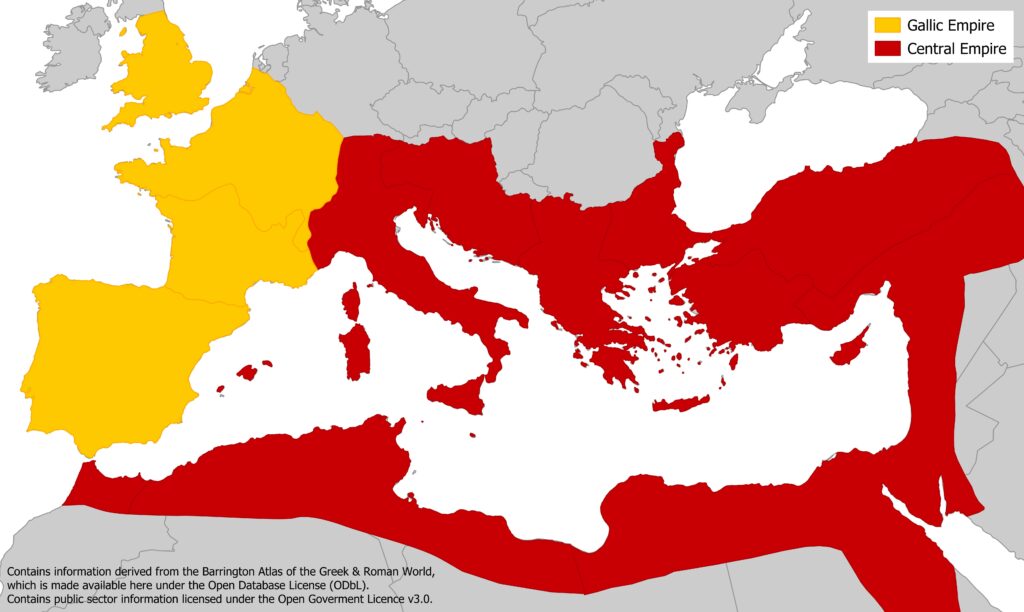 Map of Mediterranean region showing the split between the Gallic Empire (England, France and Iberia) and the Central Empire.