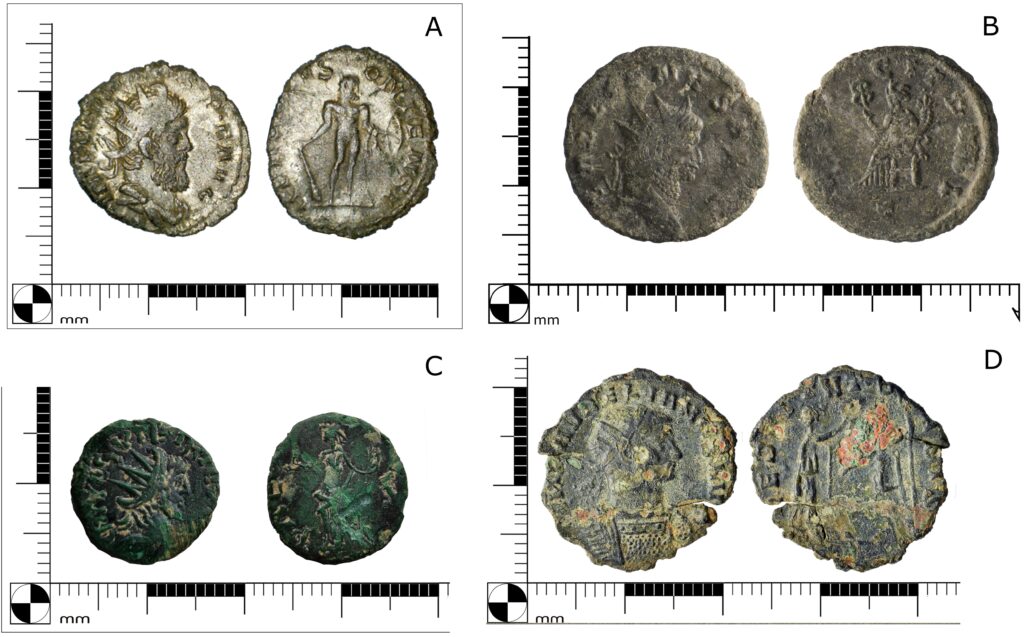 Four radiate Roman coins, front and back
