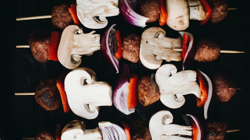plant-based meat and vegetables on skewers