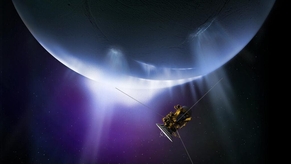 Artist’s impression of Cassini sampling one of Enceladus’ plumes