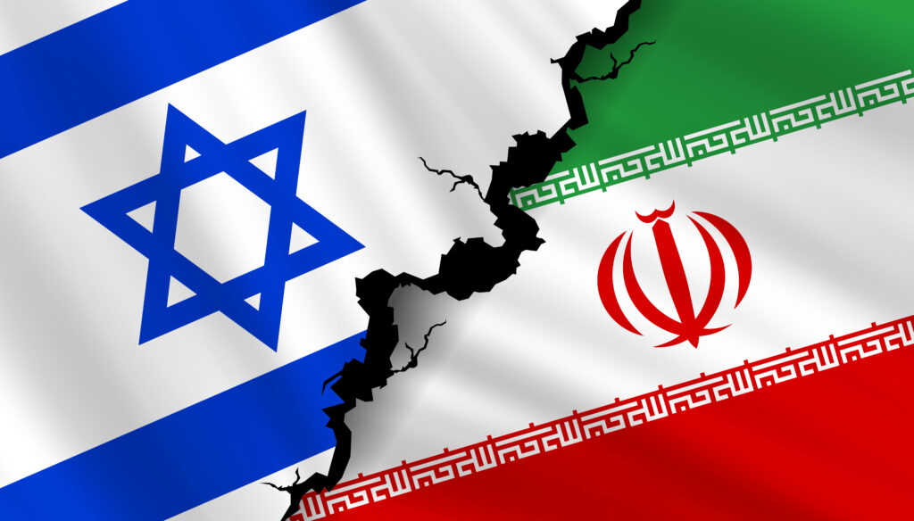 Israeli and Iranian national flags divided by a large black fissure, symbolizing conflict. Israel flag (left, blue/white, Star of David) and Iran flag (right, green/white/red, emblem) wave slightly.