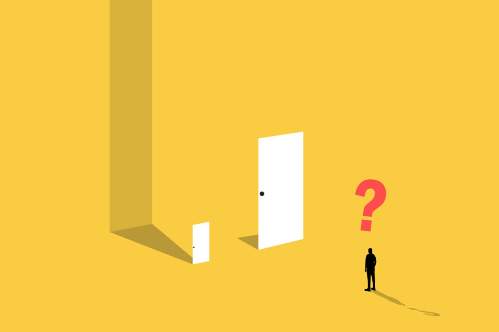 Business opportunity or career success vector concept with man standing in front of the door. Symbol of courage, ambition, having a goal, inspiration