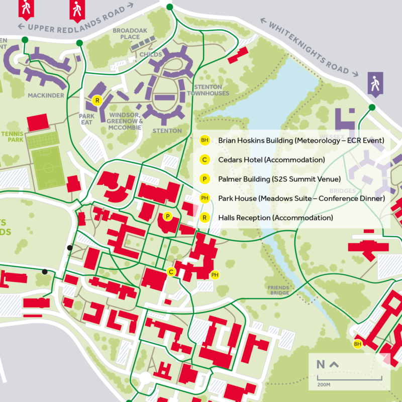 Map of Whiteknights Campus, focused on the S2S Summit key areas