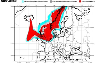 chart of Europe showing ash after Eyjafjallajokull volcanic eruption