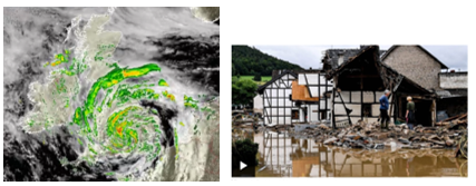Satellite image of a weather system and a photo of flood damage