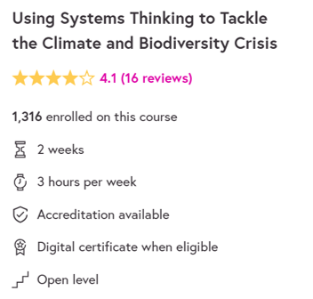 Details of the course: 4 stars and 1316 enrolled on the course. 2 weeks, 3 hours per week. accreditation available.