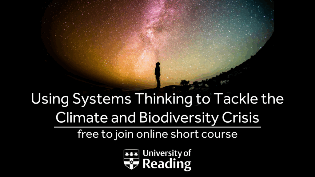 An image of someone looking up to the stars with the course title "Using Systems Thinking to Tackle the Climate and Biodiversity Crisis" Free to join online short course